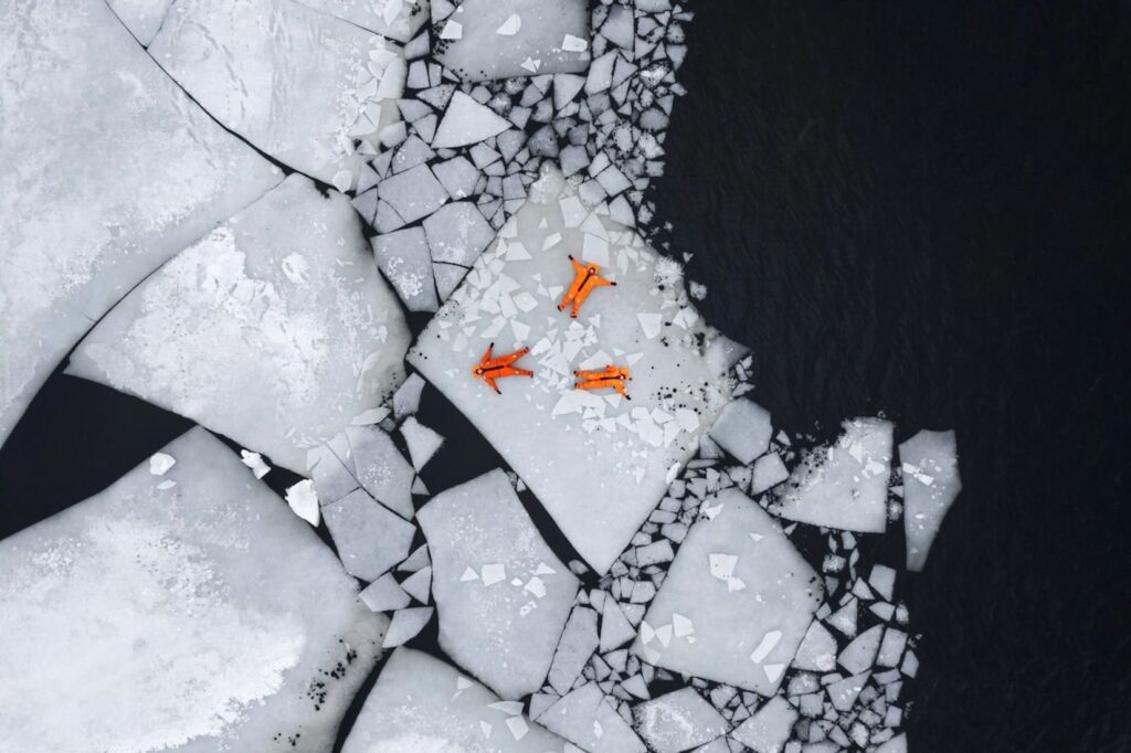 Ice floating on the White Sea viewed from above
