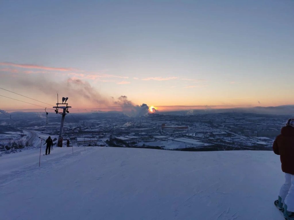 Winter panorama of Murmansk at sunset