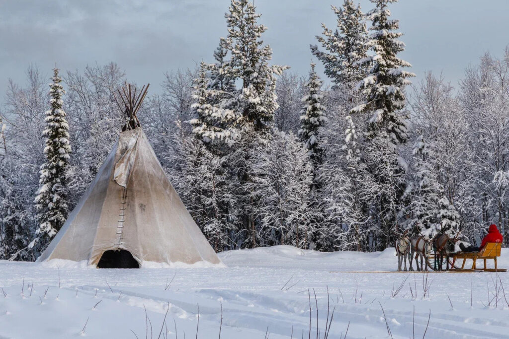 Traditional tent among snow-covered fir trees